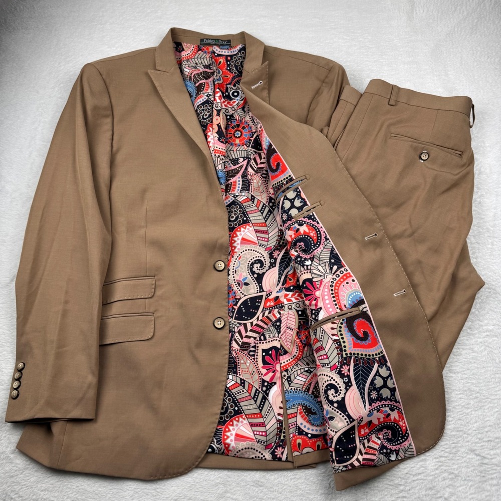 Paisley & Gray Suit Set Mens 46R 34x28 Tan Slim Fit Paisley Lining 2-Piece
